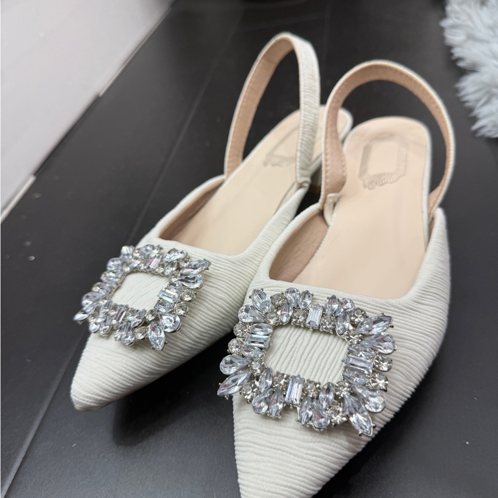Elegant Cream Slingback Flats with Crystal Embellishments